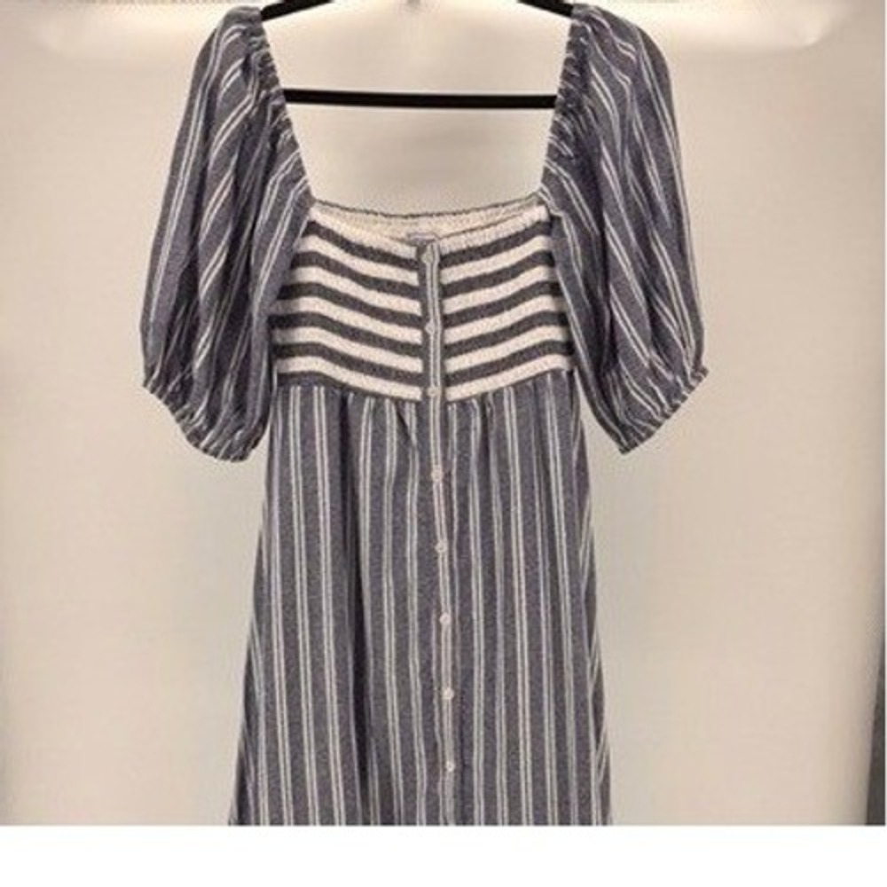 Love Tomas Emerson Fry NEW Striped Blue White Smocked Puff Sleeve Dress MEDIUM - Picture 7 of 9